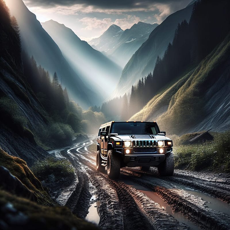 Hummer SUV on a scenic off-road trail showcasing its rugged capabilities.