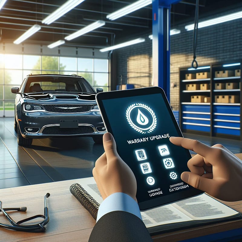Chrysler vehicle parked in a service center, with a mechanic holding a tablet displaying warranty upgrade options, illustrating the process of extending and renewing Chrysler warranty coverage.
