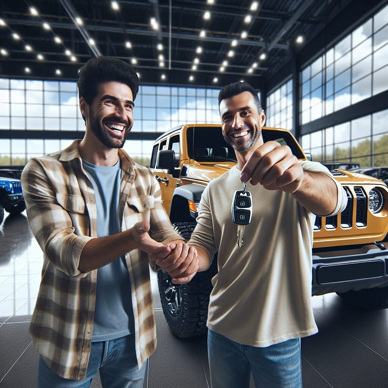 Happy customer receiving keys to a Hummer with extended warranty