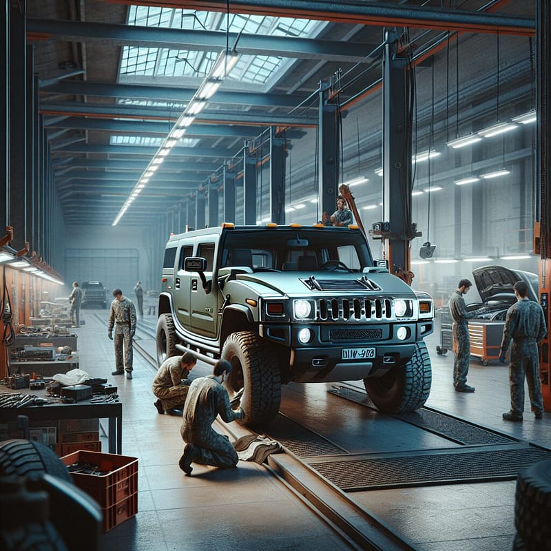 Hummer in an authorized service center with technicians