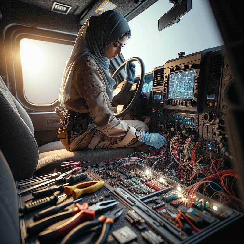 Electrician repairing Hummer's dashboard electronics