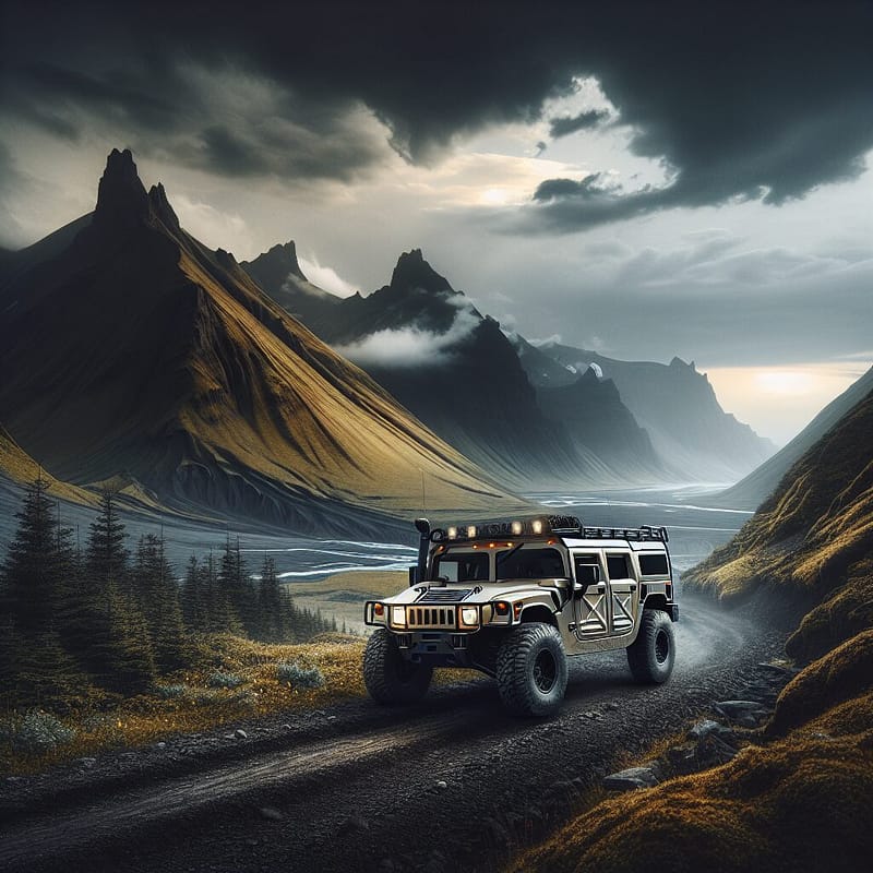 Hummer driving through rugged landscape