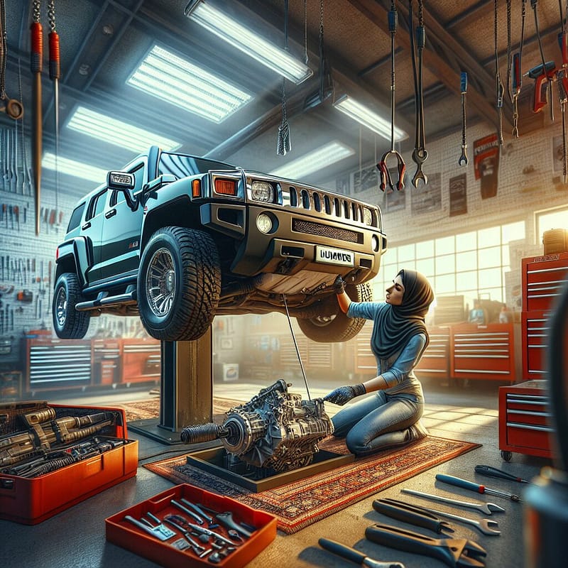 Hummer H3 undergoing transmission repair in a garage
