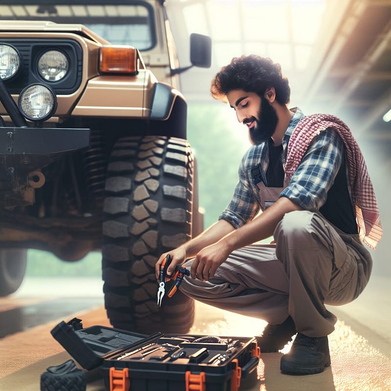 Hummer being serviced by a friendly roadside assistance technician.