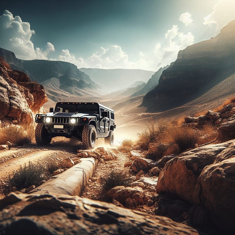 Hummer vehicle traveling on a rugged scenic road.