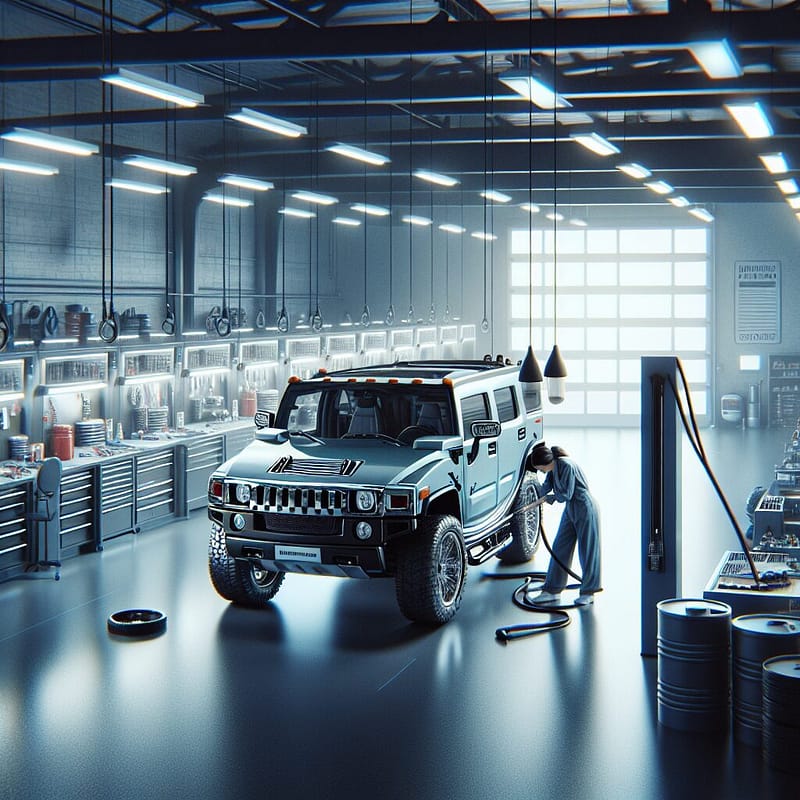 A mechanic performing maintenance checks on a Hummer in a garage.