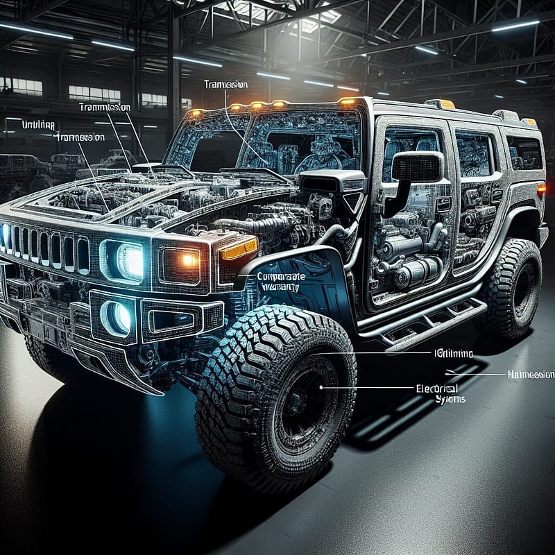 Highlighted parts of a Hummer showing typical bumper-to-bumper warranty coverage.