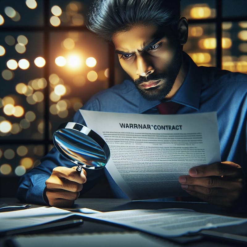 Person reading warranty contract with magnifying glass