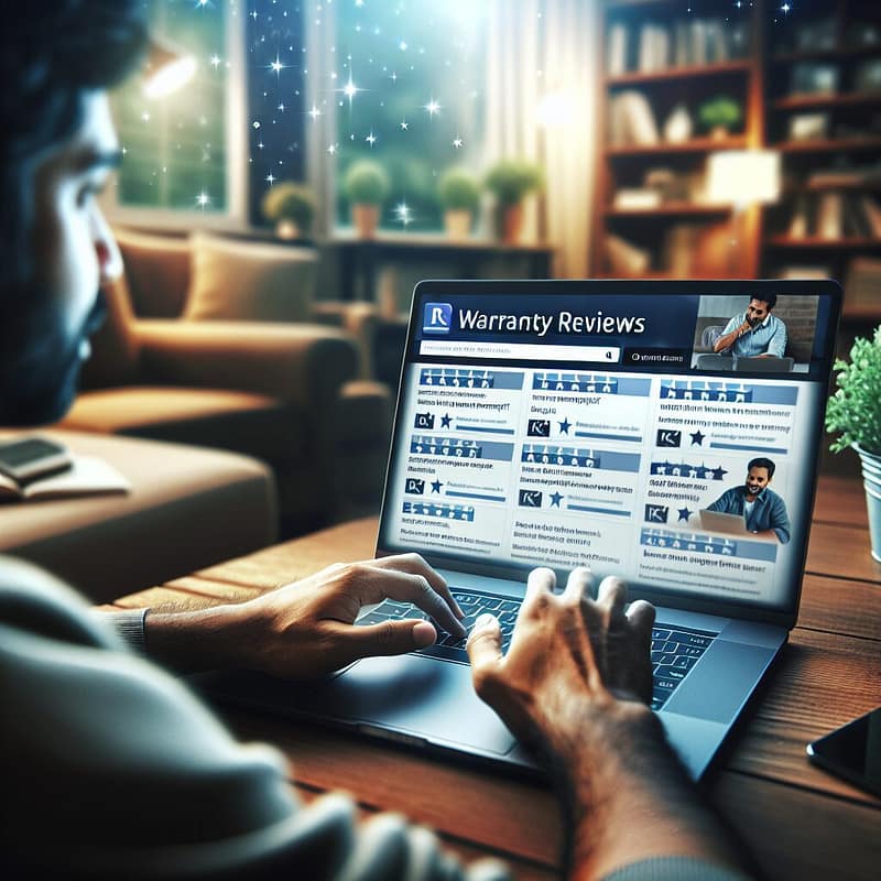 Person researching warranty reviews on laptop