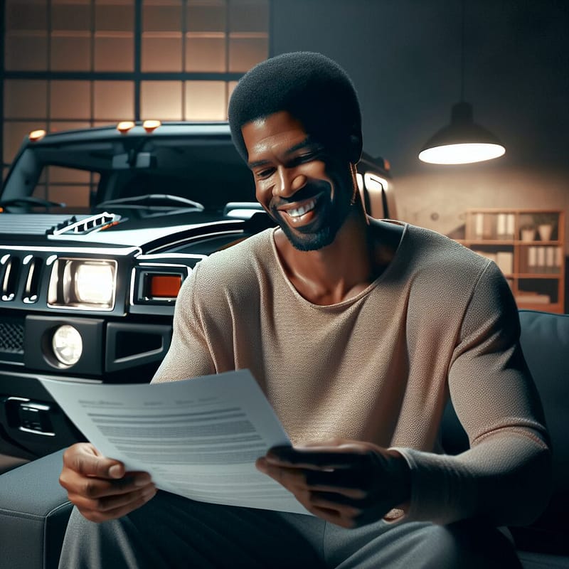 Happy Hummer owner reviewing warranty papers in a home office.