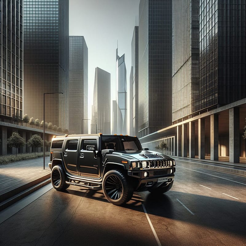 Hummer parked among city skyscrapers, demonstrating urban lifestyle use.