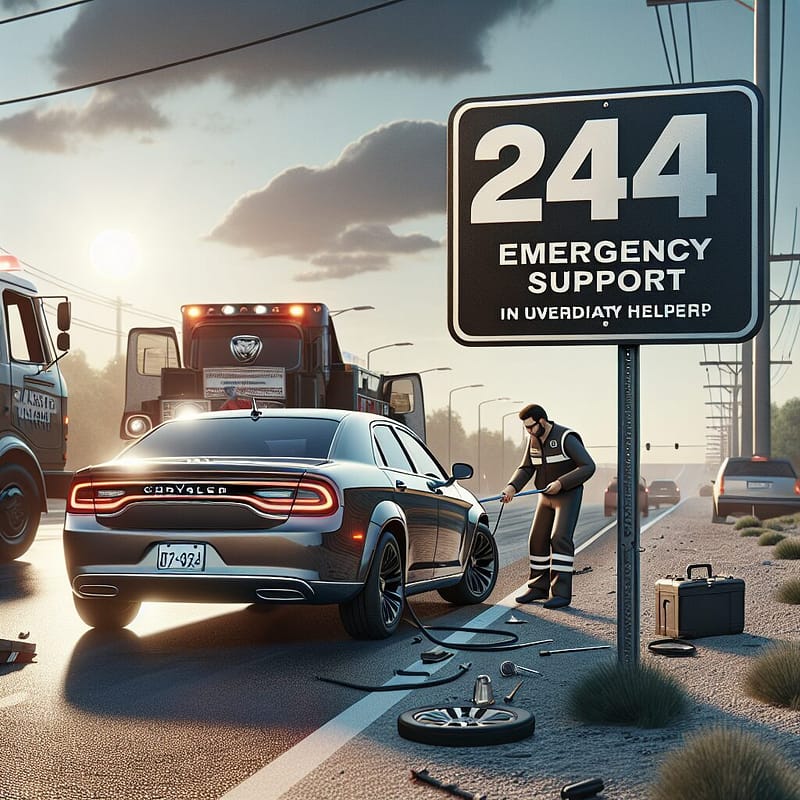 Chrysler vehicle receiving roadside assistance under warranty, showcasing 24/7 emergency support service.
