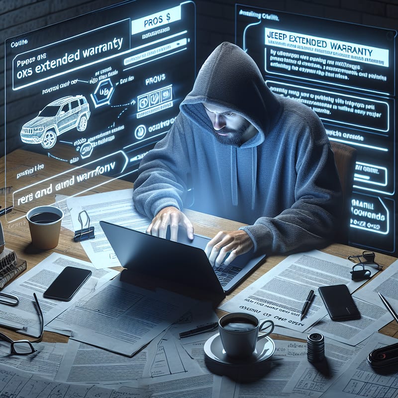 A person typing on a laptop, surrounded by notes and a coffee cup, researching the pros and cons of a Jeep extended warranty.