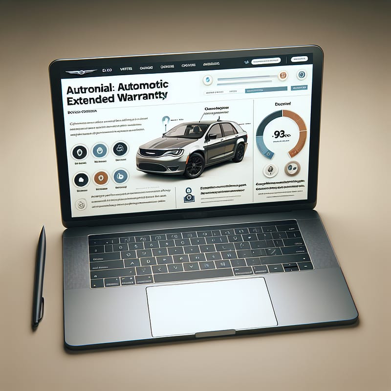 A laptop displaying a blog post titled "Chrysler Extended Warranty Insights: Navigating Company Options" with charts and bullet points, emphasizing clarity and decision criteria for choosing a Chrysler extended warranty company.