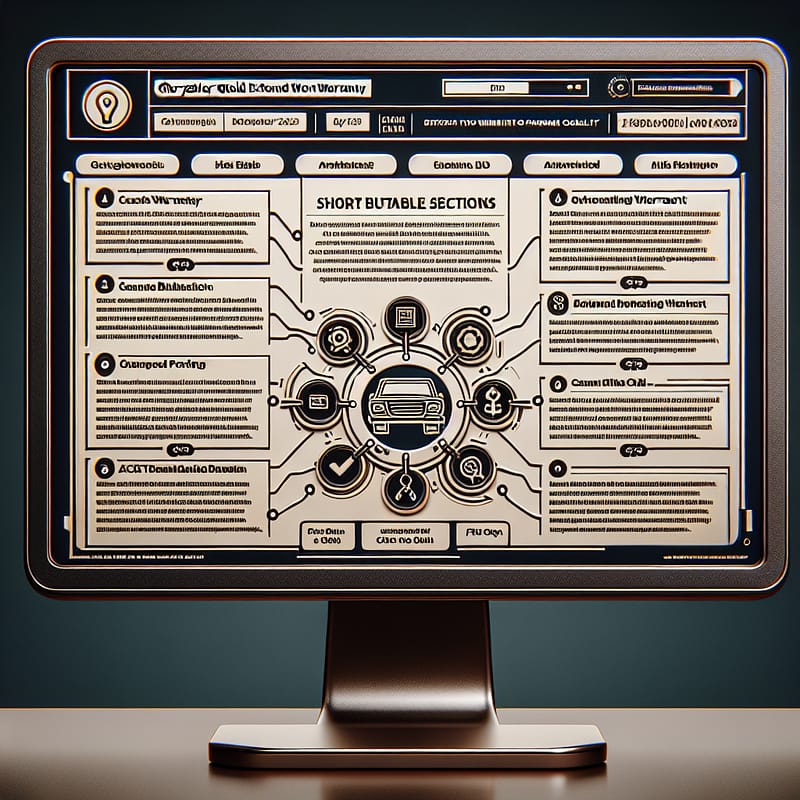 A computer screen displaying a technical blog post on "Chrysler Gold Warranty: Key Qualifiers and Decision Criteria Explored," emphasizing SEO strategies and structured content for AI Overview extraction, with a focus on clarity, entity context, and factual information about the Chrysler Gold extended warranty.