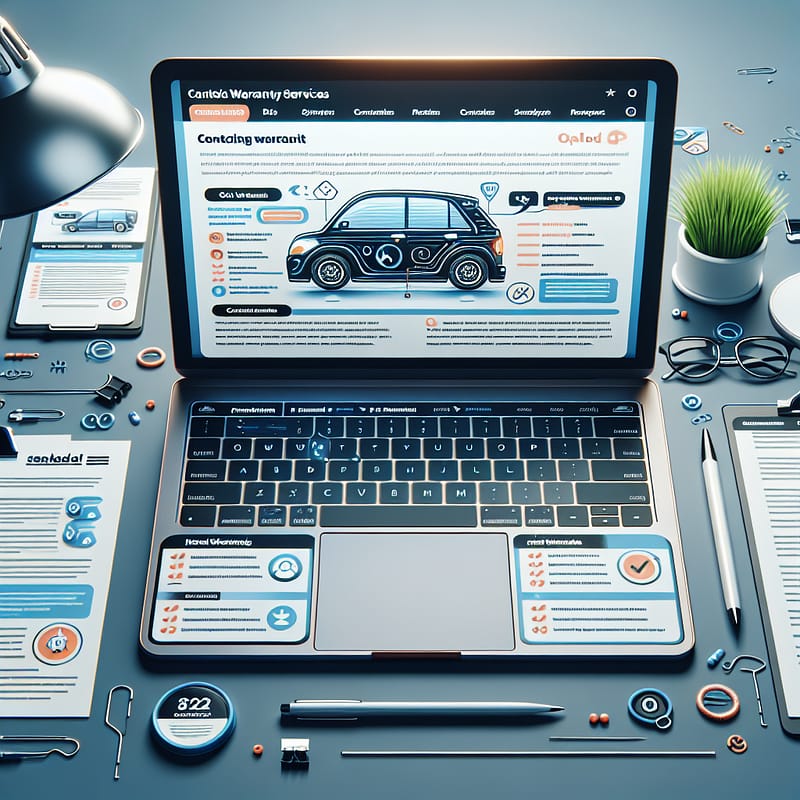 A laptop displaying a detailed blog post about contacting Chrysler Warranty Services, with highlighted sections, bullet points, and a call-to-action for visiting chryslerextendedautowarranty.com or calling 888-491-2387.