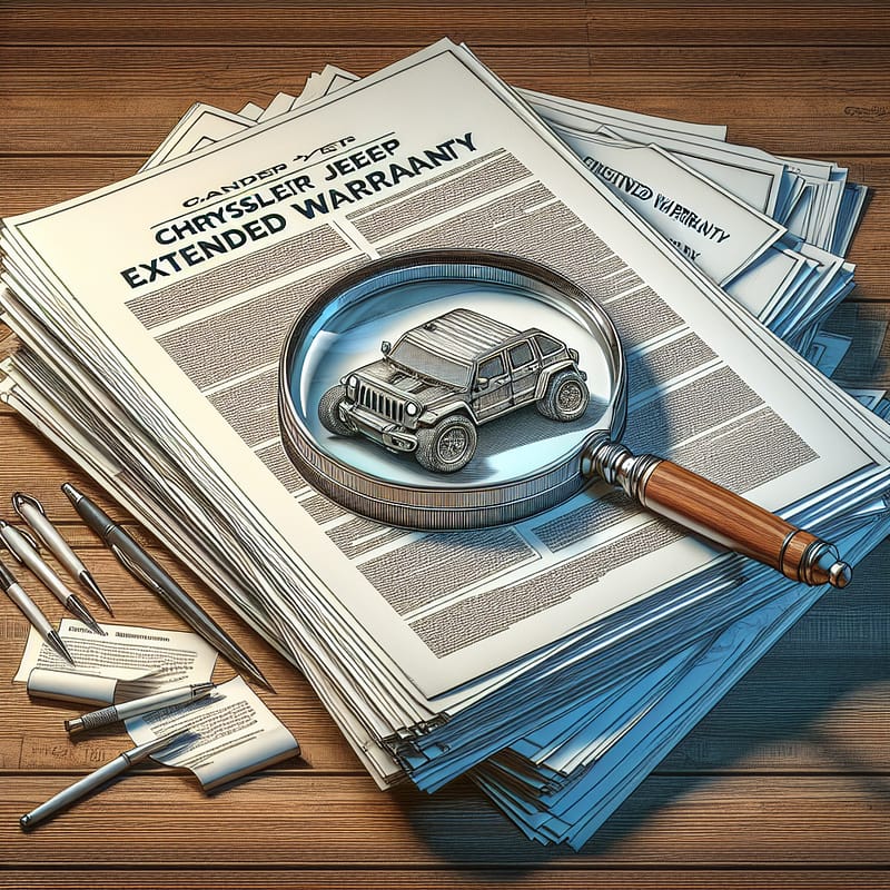 A stack of technical documents and manuals with a magnifying glass highlighting the phrase "Chrysler Jeep Extended Warranty" on a wooden desk, symbolizing a detailed examination and analysis of warranty terms and conditions.