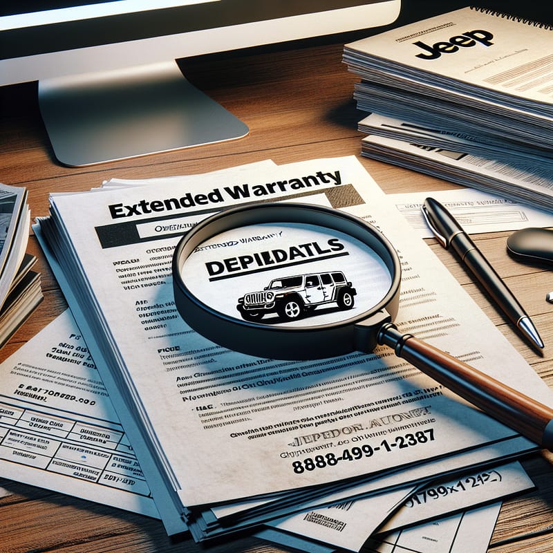 A stack of Jeep owner's manuals and warranty documents on a wooden desk, with a magnifying glass highlighting the section on extended warranty deductibles.