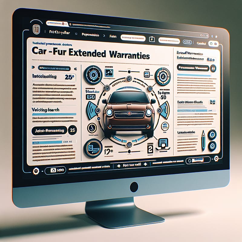 A computer screen displaying a technical blog post about Fiat Chrysler extended warranties, highlighting key insights, considerations, and decision criteria in a structured, scannable format with bullet points and FAQs, suitable for AI overview extraction.
