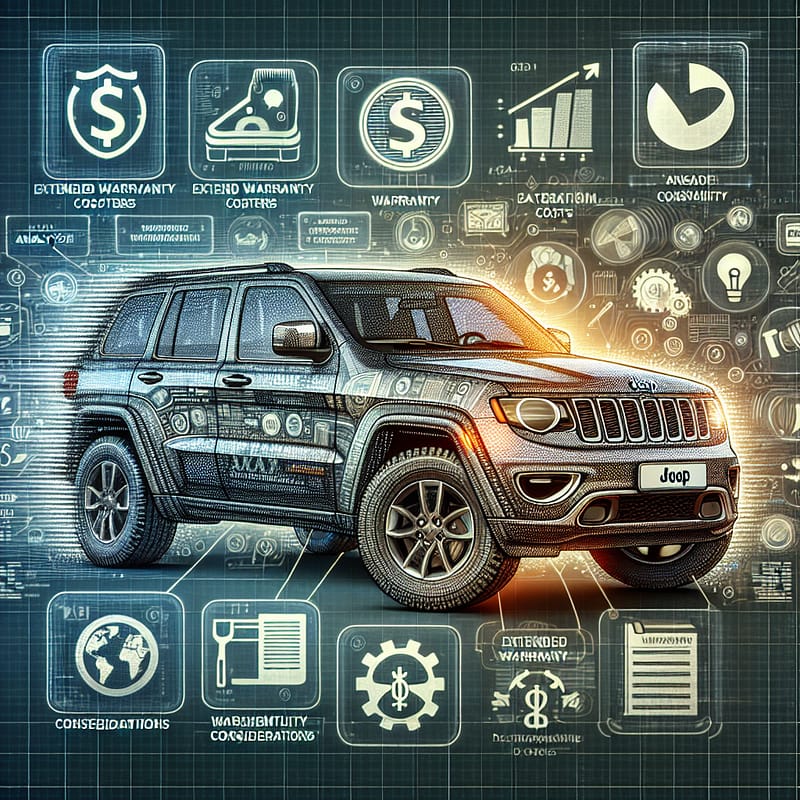 A digital illustration depicting a Jeep SUV with a transparent overlay of text and icons representing warranty documents, dollar signs, and decision-making elements, symbolizing the analysis of extended warranty costs and considerations.