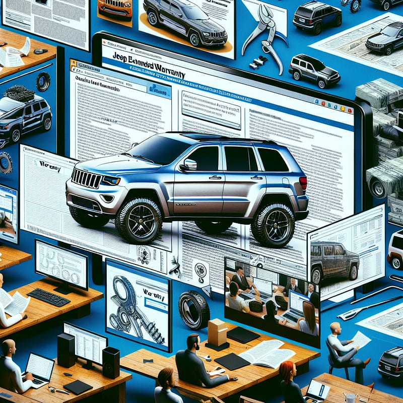 Title: "Decoding Jeep Warranty Choices: Insights from Forum Threads" - A collage of Jeep vehicles, warranty documents, and computer screens displaying forum discussions.