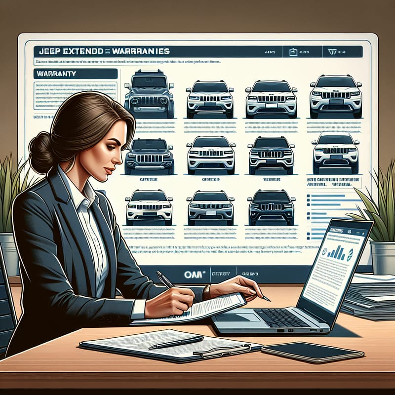A person reviewing various Jeep extended warranty options, surrounded by warranty documents and a laptop displaying a website, symbolizing the process of understanding and selecting the best coverage for their vehicle.