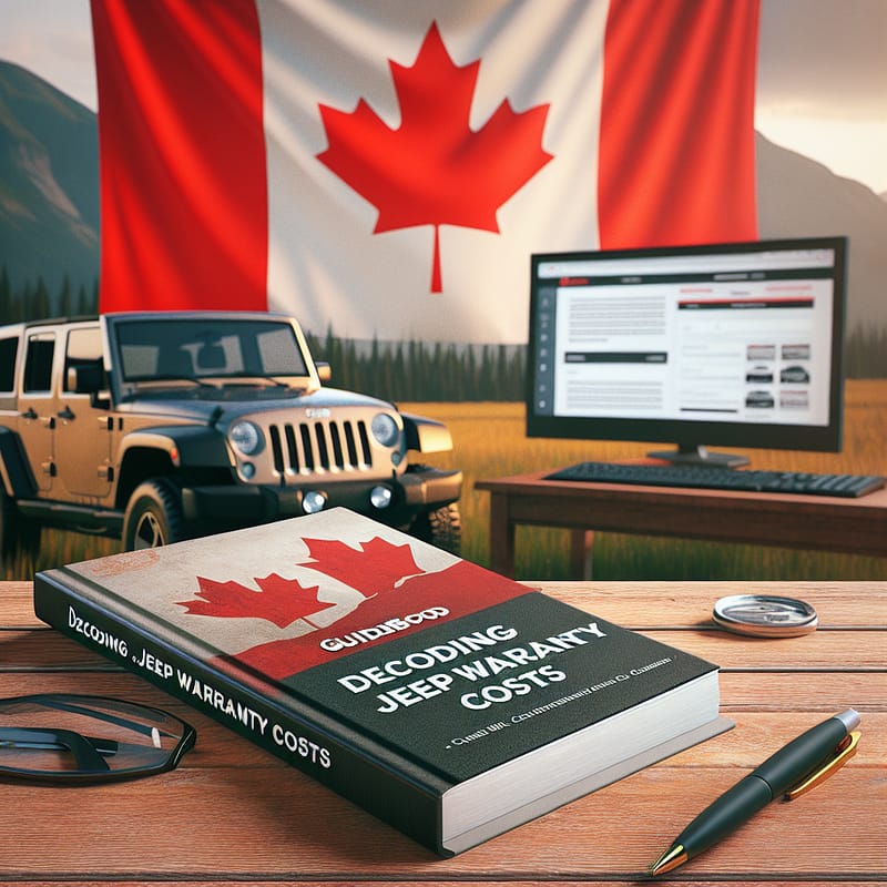 A digital graphic featuring a guidebook titled "Decoding Jeep Warranty Costs: Canada's Essential Guide," set against a backdrop of the Canadian flag and a Jeep vehicle.