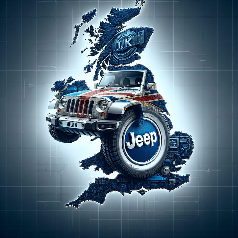 A digital composition featuring the phrase "Decoding Jeep Warranty Essentials: A UK Perspective" in bold text above a backdrop of a stylized map of the UK with an overlaid Jeep logo, symbolizing the focus on Jeep warranties specific to the UK market.
