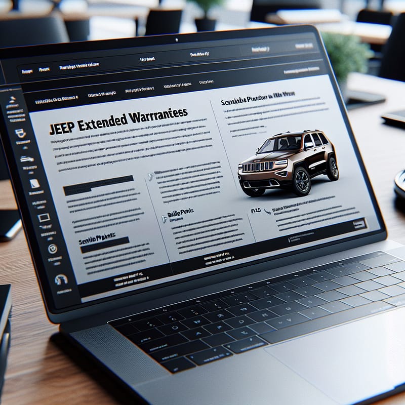 A laptop displaying a detailed blog post about Jeep extended warranty numbers, featuring a sleek layout with headers, bullet points, and FAQs, aiming to provide factual information and clarity on the subject for Jeep owners.