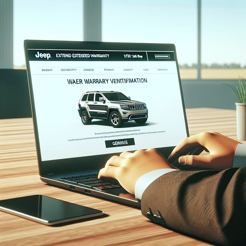 A person using a laptop to access a website for Jeep extended warranty verification, with a step-by-step guide displayed on the screen.