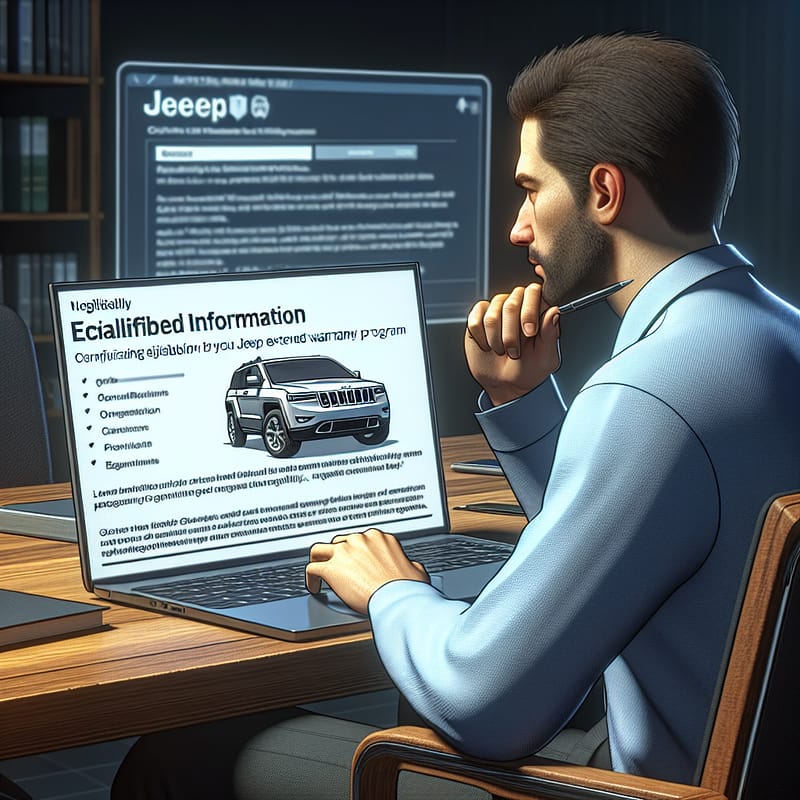 A person browsing information on a laptop about Jeep's extended warranty program, emphasizing eligibility criteria and decision-making factors.