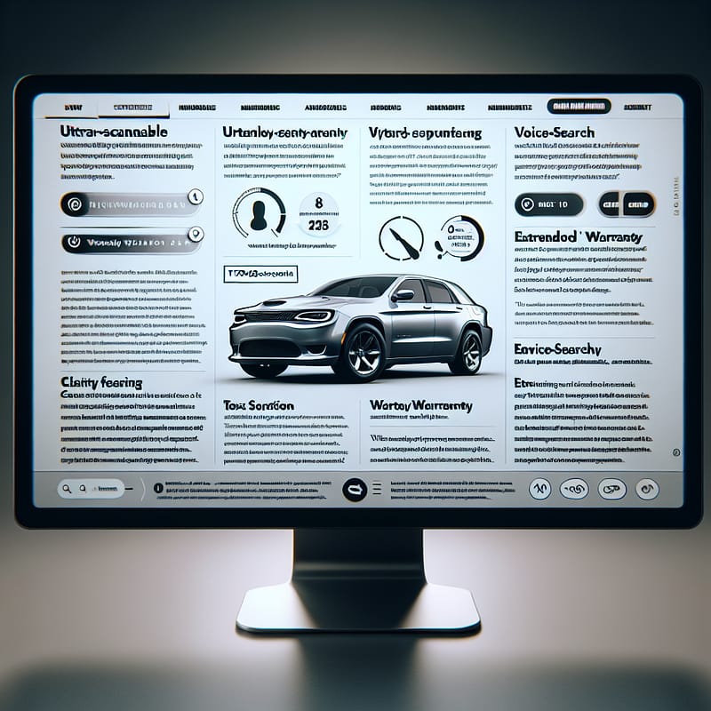 A computer screen displaying a technical blog post on the essential guide to Chrysler extended warranties, featuring sections with bullet points and FAQs, designed for clarity and entity context, with a subtle call-to-action for more information.