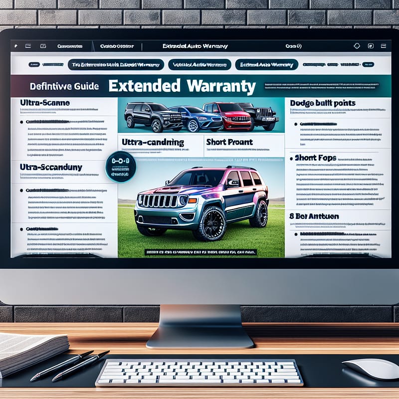 A computer screen displaying a blog post draft about Chrysler Dodge Jeep Ram extended warranty options, featuring bullet points and a list of FAQs for easy navigation.