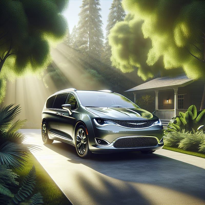 A sleek Chrysler Pacifica Hybrid parked in a driveway, surrounded by green trees, with the sun casting soft shadows, emphasizing the vehicle's modern design and eco-friendly appeal.