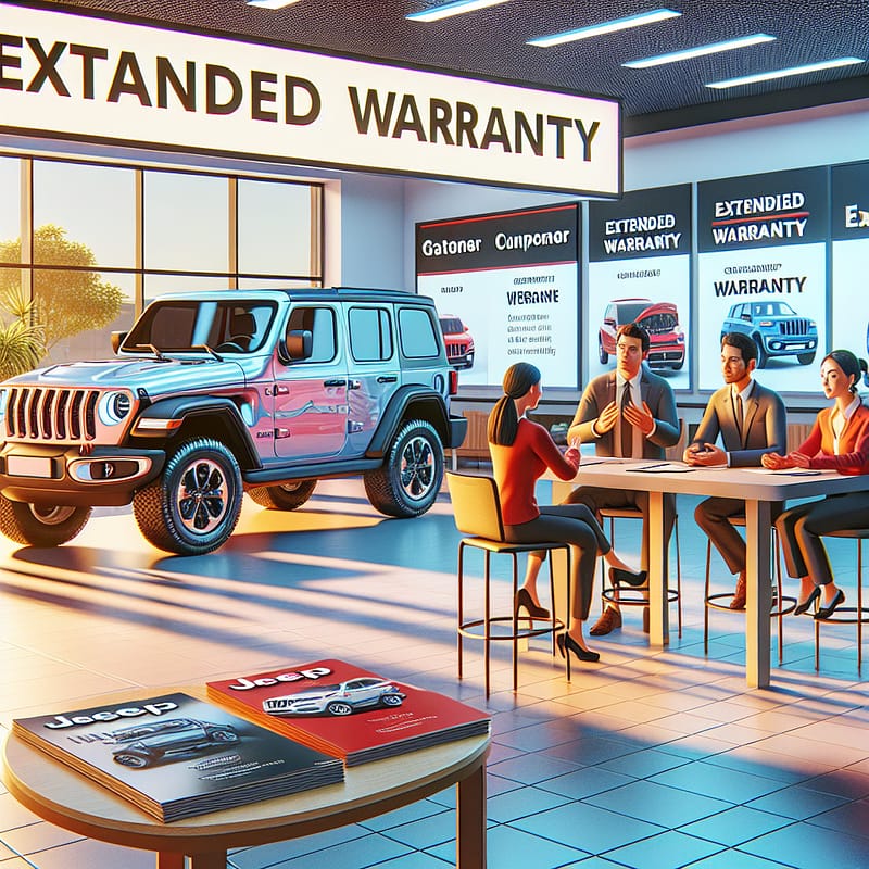 A Jeep dealership showroom featuring a Granger Jeep, with a focus on warranty brochures and customer service representatives discussing extended warranty options.