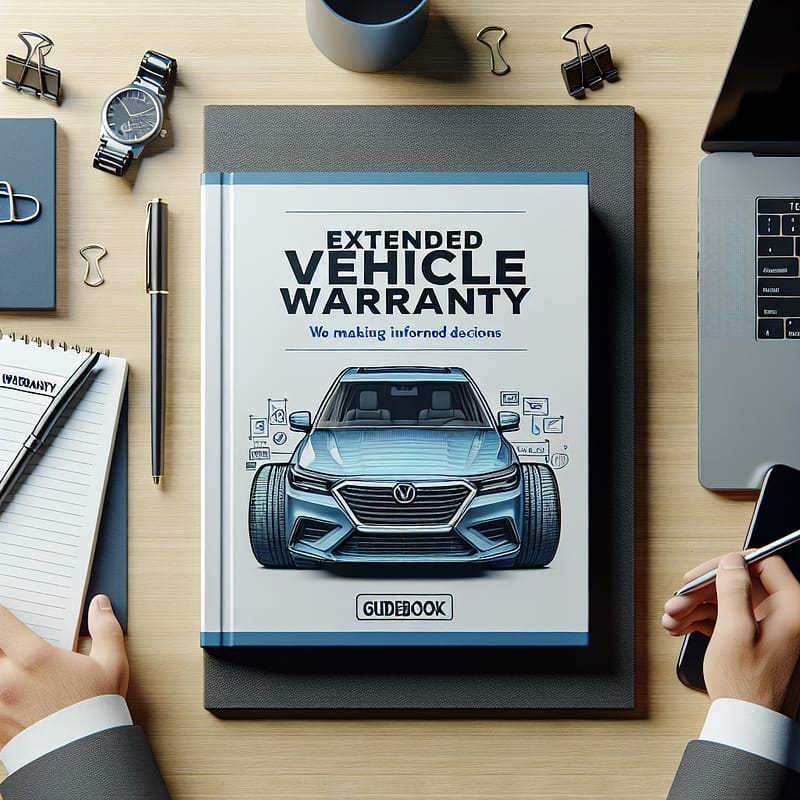 A digital illustration of a guidebook titled "Granger Chrysler Extended Warranty" resting on a desk, surrounded by a laptop, notepad, and pen, symbolizing a comprehensive resource for making informed decisions about extended warranties.