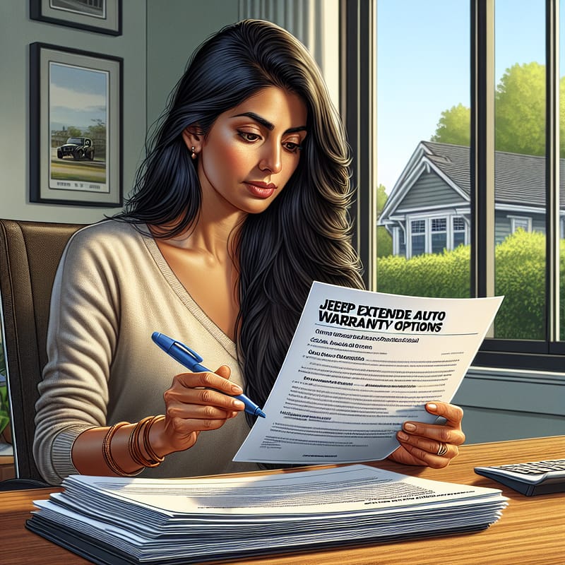 A person reviews a document about Jeep extended warranty options while sitting at a desk, highlighting key points with a pen.