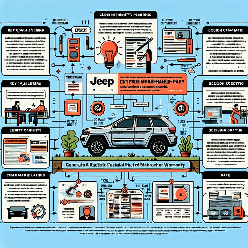A technical diagram illustrating key qualifiers and decision criteria for a Jeep extended manufacturer warranty. The layout includes bullet points and sections for easy scanning, emphasizing factual information and clear entity context.