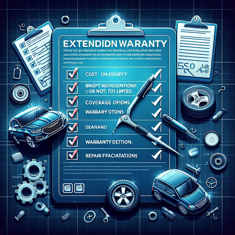 A checklist highlighting key decision factors for selecting a Chrysler extended warranty, including cost, coverage options, duration, and repair facility choices.