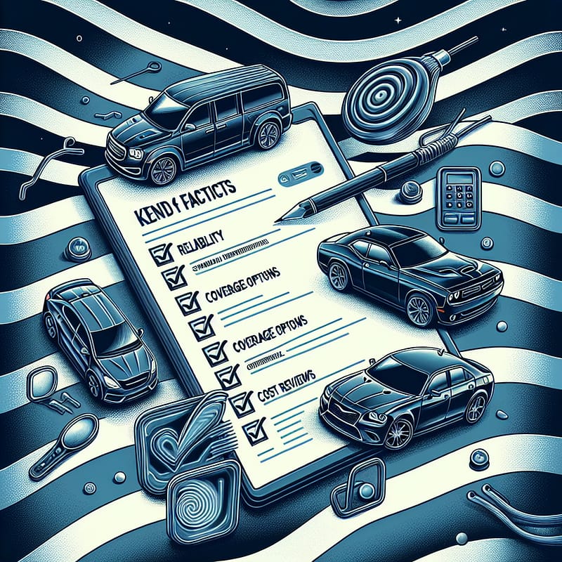 A digital illustration of a checklist highlighting key factors for selecting an ideal Chrysler warranty, featuring icons for reliability, coverage options, cost, and customer reviews. The background is a subtle blend of Chrysler vehicles, reinforcing the automotive theme.