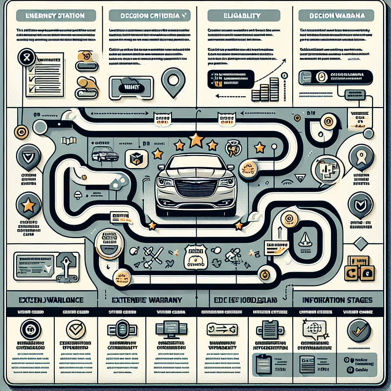 A visual guide detailing the steps to understand and navigate Chrysler Canada's warranty options, tailored for individuals seeking information on extended warranty plans, including eligibility, decision criteria, and where to find further assistance.