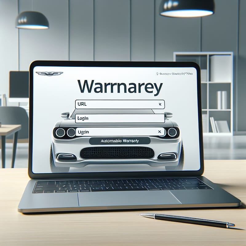 A laptop displaying the Chrysler extended warranty login page, with the URL and login fields visible, set against a minimalist workspace background.