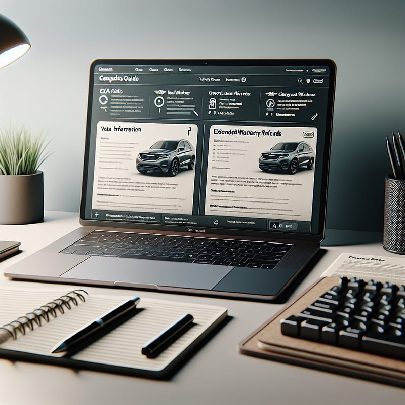 A keyboard and notebook on a desk, with a guide on Chrysler extended warranty refunds displayed on a laptop screen, highlighting key criteria and FAQs.