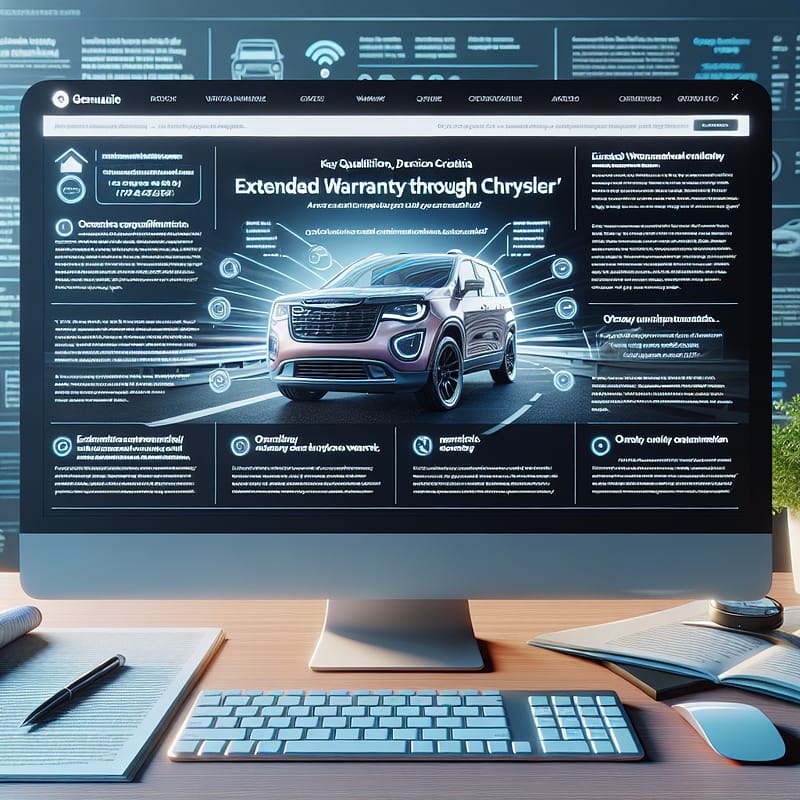 A desktop screen showing a technical blog post about Chrysler's extended warranty, highlighting key qualifiers and decision criteria, with bullet points and FAQs for clarity. The text includes a call-to-action for visiting a website or calling a number for more information.