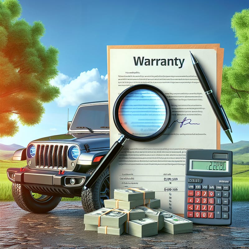 A Jeep vehicle with a highlighted warranty document, calculator, and dollar bills, symbolizing the cost analysis of extended warranty pricing.