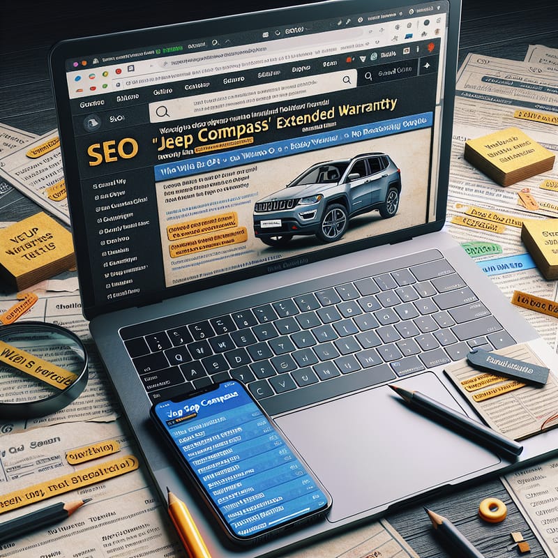 A laptop displaying a detailed SEO guide titled "Navigating Jeep Compass Warranty Choices" with a focus on extended warranty options in India, surrounded by notes and a smartphone showing the keywords "jeep compass extended warranty india".