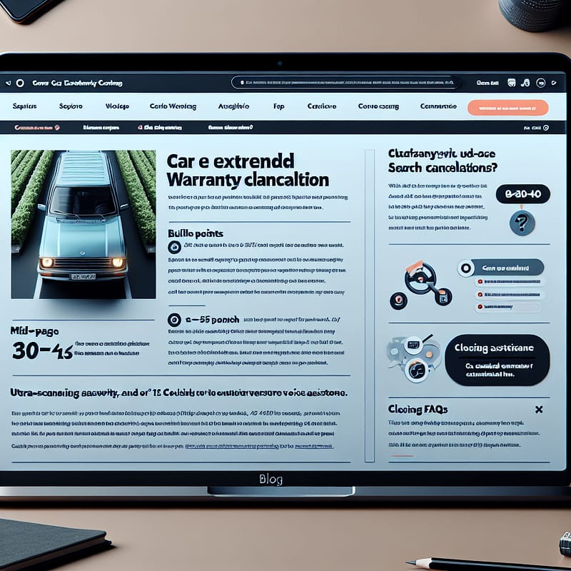 A laptop displaying a technical blog post with the title "Navigating Jeep Warranty Cancellations: Key Criteria and Steps," featuring sections, bullet points, and FAQs about Jeep extended warranty cancellation, with subtle calls to action for further assistance.