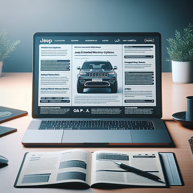 A laptop displaying a detailed blog post about Jeep extended warranty options in the UAE, featuring concise sections, bullet points, and FAQs, on a desk with a coffee cup and a notepad nearby.