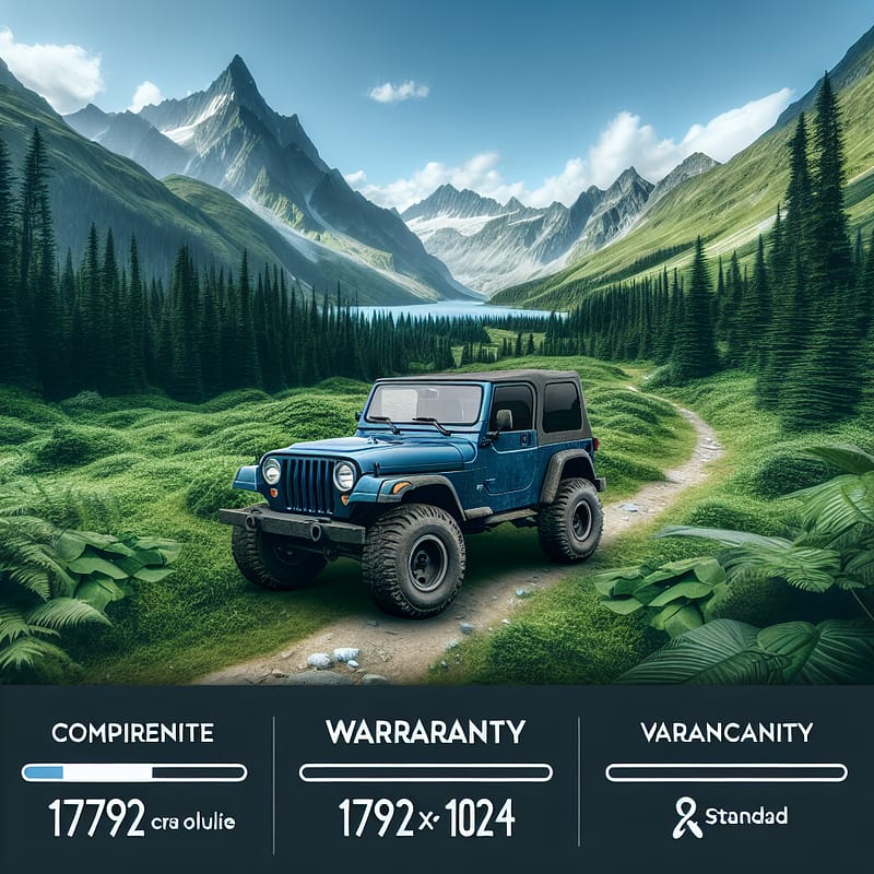 A blue Jeep parked on a scenic trail, surrounded by lush greenery and mountains in the background, symbolizing exploration and the importance of comprehensive warranty coverage for off-road adventures.