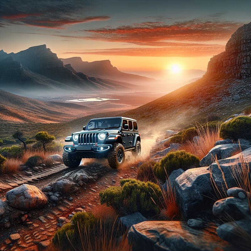 A Jeep navigating a rugged South African landscape, highlighting the importance of warranty options for adventurous terrains.